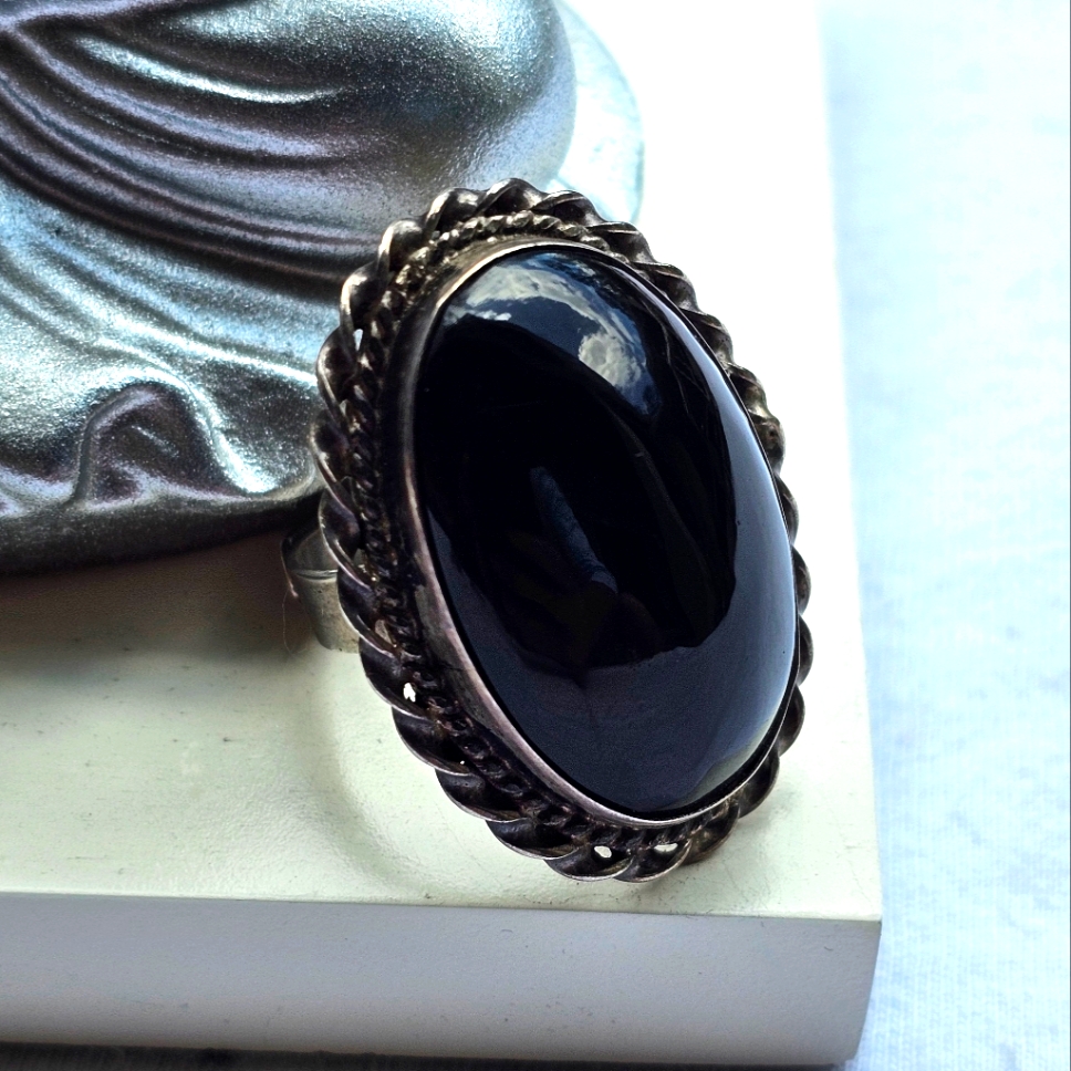 Unisex Sterling Silver 925 Ring With Black Oval Onyx Size Adjustable Mexico 75$